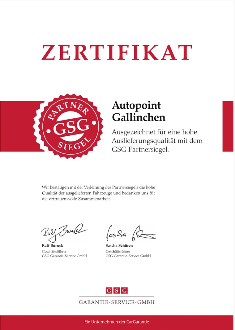 Zertifikat GSG Partnersiegel für AutoPoint Gallinchen