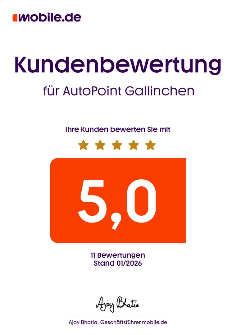 mobile.de-Urkunde Kundenbewertung 5,0 für AutoPoint Gallinchen